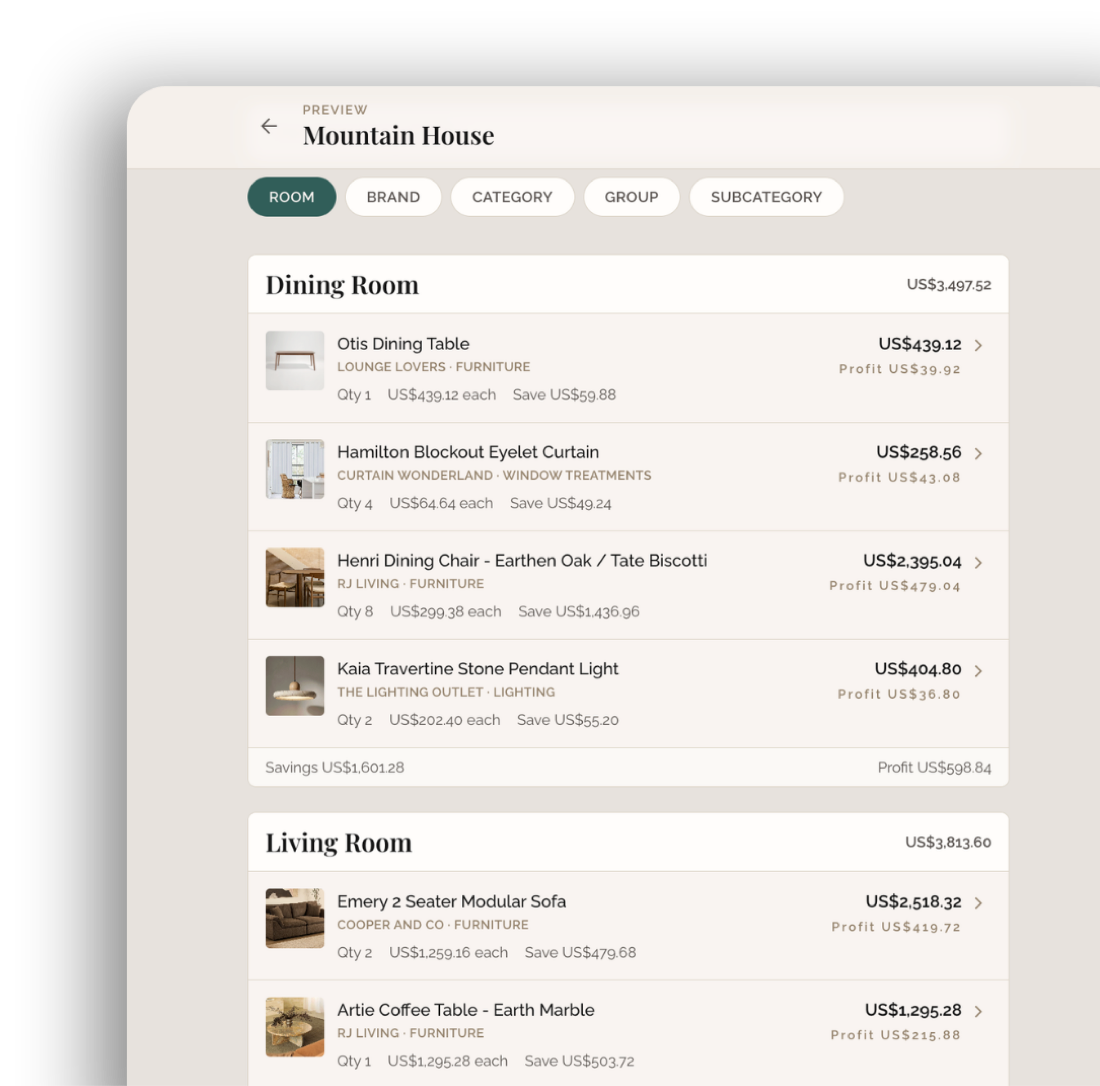 A room-by-room schedule in Insight, with the price, saving and profit shown on every product