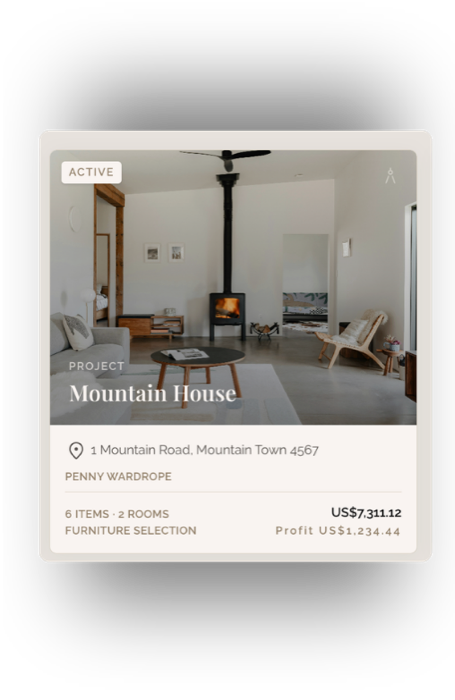 A project in Insight, showing its rooms, items, total and profit